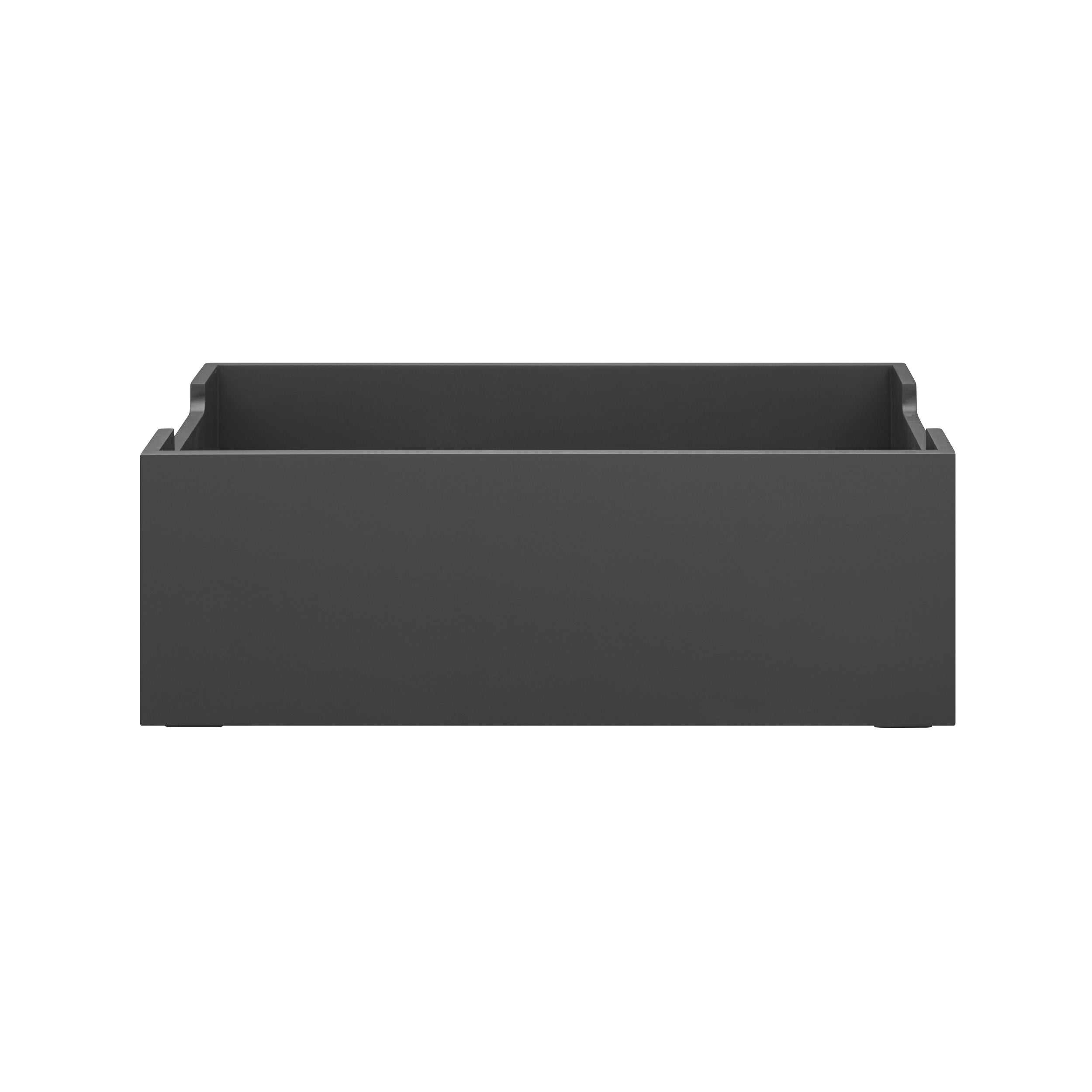Black rectangular storage bin on a white background