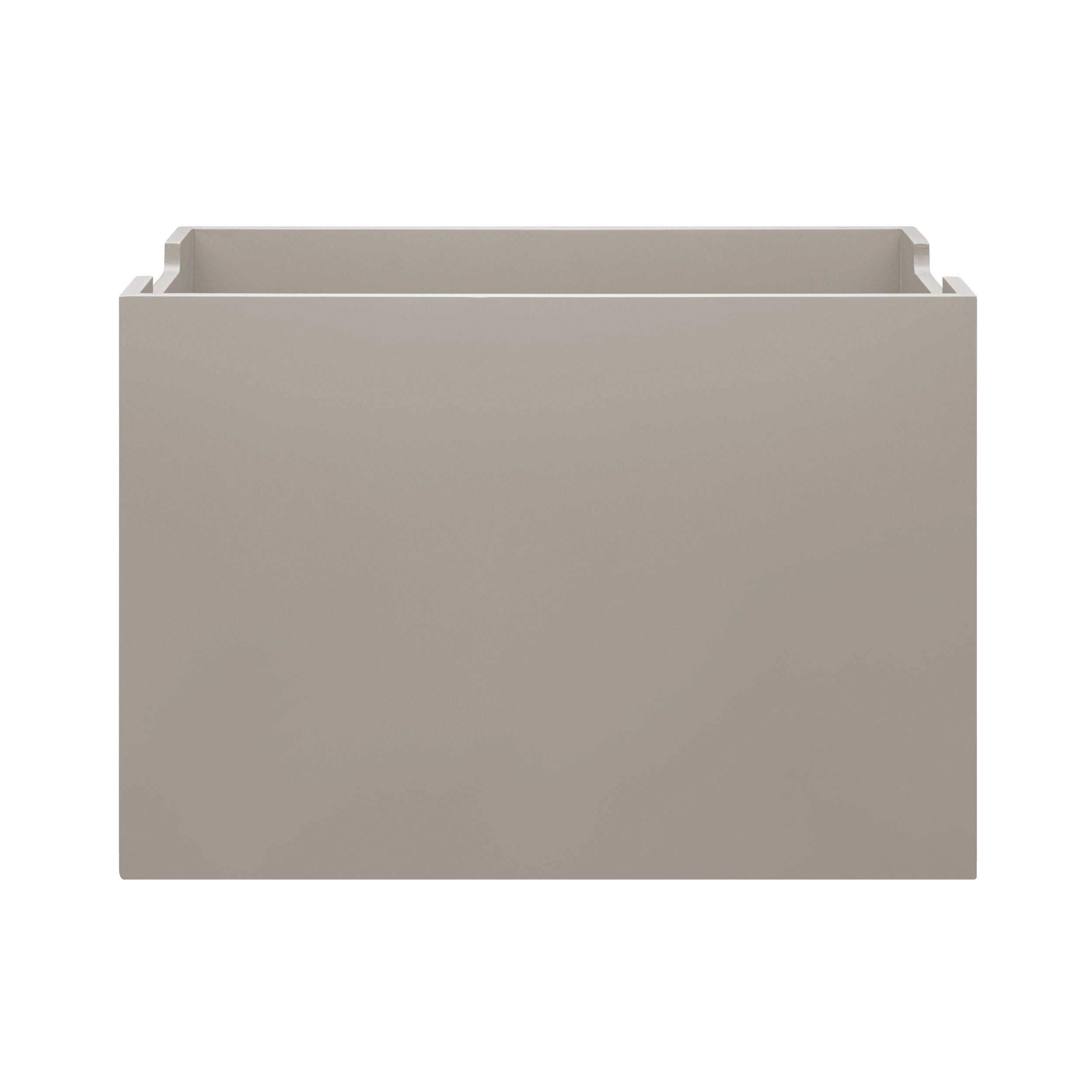 Rectangular storage bin with a light gray finish on a white background